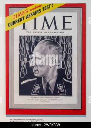 Front cover of the Time magazine featuring Reinhard Heydrich (23rd February 1942) on display in the Topography of Terror, Berlin, Germany, Stock Photo