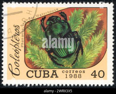 Postage stamp printed in CUBA shows image of a Scarab ( Phanaeus. Leander. Waterhouse) beetle, from series - entomofauna, 1988 Stock Photo