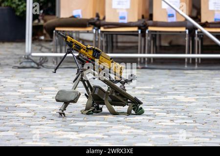 Öffentliches Gelöbnis der Bundeswehr in Nürnberg Feldlafette mit dem neuen Maschinengewehr MG5. Etwa 300 Rekrutinnen und Rekruten der Bundeswehr nehmen an einer feierlichen Gelöbniszeremonie bzw. Vereidigung teil. Die angehenden Soldaten gehören dem Luftwaffenausbildungsbataillon in Germersheim und dem ABC-Abwehrbataillon 750 in Bruchsal an. Diese feierliche Zeremonie markiert einen bedeutsamen Moment in der Grundausbildung angehender Mannschaftssoldaten und Offiziersanwärter. Nürnberg Bayern Deutschland *** Public swearing-in ceremony of the Bundeswehr in Nuremberg Field gun with the new MG5 Stock Photo