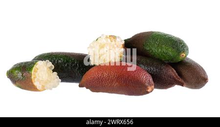 Fresh finger limes isolated on white background. Caviar lime. Fruits pods. Clipping path. Stock Photo