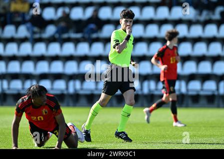 Tubize, Belgium. 14th Mar, 2024. referee. Karim Dastin pictured during a friendly soccer game between the national under 16 teams of Belgium and Hungary on Thursday 14 March 2024 in Tubize, Belgium . Credit: sportpix/Alamy Live News Stock Photo