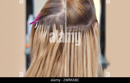 Photo before and after hair extensions to a young girl, a blonde in a beauty salon. Professional hair care. Stock Photo