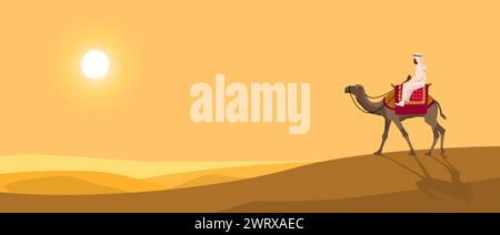 A camel rider crosses the sandy desert. Caravan against the backdrop of the sunset. Stock Vector