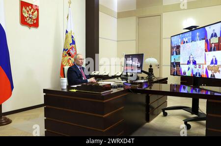 Novo-Ogaryovo, Russia. 14th Mar, 2024. Russian President Vladimir Putin chairs a video conference with government members from the official presidential residence, March 14, 2024 in Novo-Ogaryovo, Russia. Credit: Mikhail Metzel/Kremlin Pool/Alamy Live News Stock Photo
