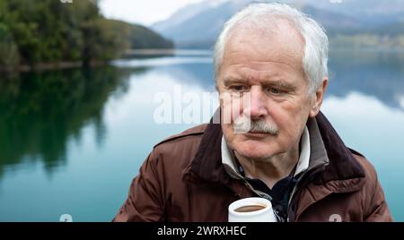 Thoughtful senior man drinking coffee alone at a mountain lake. Stock Photo