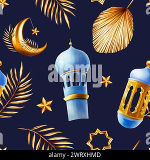 Watercolor seamless pattern with Islamic arabian golden crescent moon, stars on a gold chains, date palm branches, minaret and lanterns illustrations Stock Photo