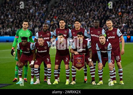 London, UK. 14th Mar, 2024. the West Ham team lineup during the West Ham vs SC Freiburg UEFA Europa League, last 16, 2nd leg, match at the London Stadium, Stratford. This Image is for EDITORIAL USE ONLY. Licence required from the the Football DataCo for any other use. Credit: MARTIN DALTON/Alamy Live News Stock Photo