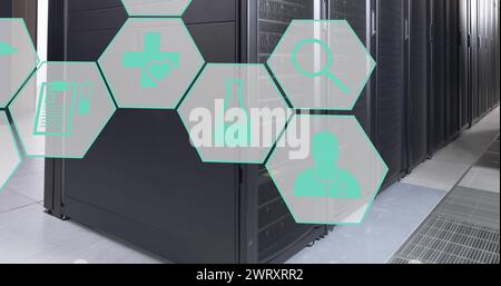 Image of multiple medical icons against computer server room Stock Photo