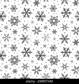 Snowflake seamless pattern. Repeating snowflakes patern. Hand draw winter design for prints. Repeated black falling snow isolated on white background Stock Vector