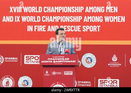 ISTANBUL, TURKIYE - SEPTEMBER 02, 2023: Mayor of Istanbul Ekrem Imamoglu in Fire and Rescue Sports World Championship in Istanbul Stock Photo