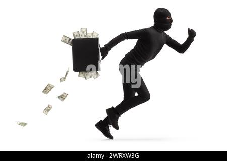 Full length profile shot of a thief running with money in a briefcase isolated on white background Stock Photo