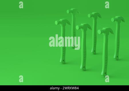 Set of hammers with a rubberized handle on monochrome background. 3d render and illustration of tool for repair and building Stock Photo