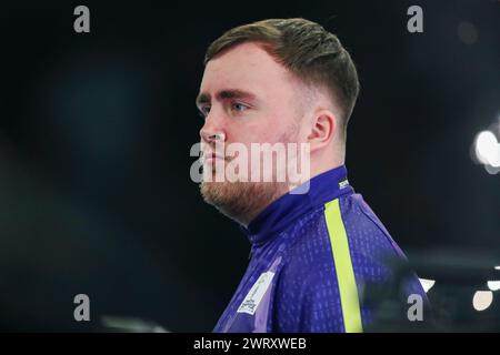 Nottingham, UK. 14th Mar, 2024. Luke Littler portrait during the 2024 BetMGM Premier League Darts, Night 7 at the Motorpoint Arena, Nottingham, England, United Kingdom on 13 March 2024 Credit: Every Second Media/Alamy Live News Stock Photo