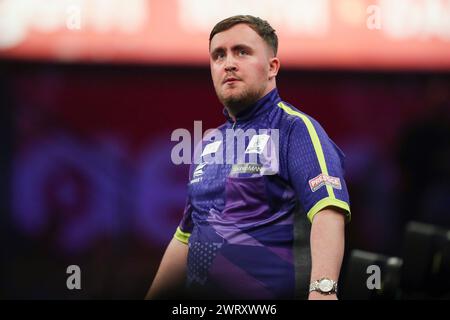 Nottingham, UK. 14th Mar, 2024. Luke Littler during the 2024 BetMGM Premier League Darts, Night 7 at the Motorpoint Arena, Nottingham, England, United Kingdom on 13 March 2024 Credit: Every Second Media/Alamy Live News Stock Photo