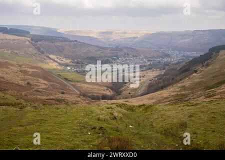 A view from The Bwlch Mountain towards Treorchy on the7th March 2024. Stock Photo