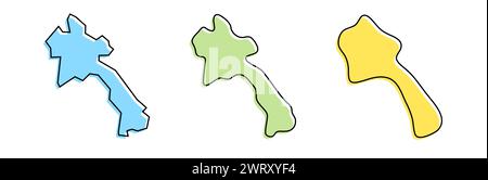 Laos country black outline and colored country silhouettes in three different levels of smoothness. Simplified maps. Vector icons isolated on white background. Stock Vector