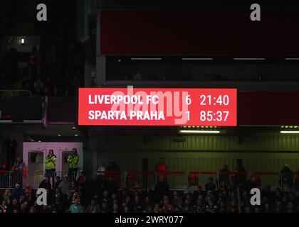 Liverpool, UK. 14th Mar, 2024. The Anfield scoreboard displays the scoreboard, during the UEFA Europa League match Liverpool vs Sparta Prague at Anfield, Liverpool, United Kingdom, 14th March 2024 (Photo by Gareth Evans/News Images) in Liverpool, United Kingdom on 3/14/2024. (Photo by Gareth Evans/News Images/Sipa USA) Credit: Sipa USA/Alamy Live News Stock Photo