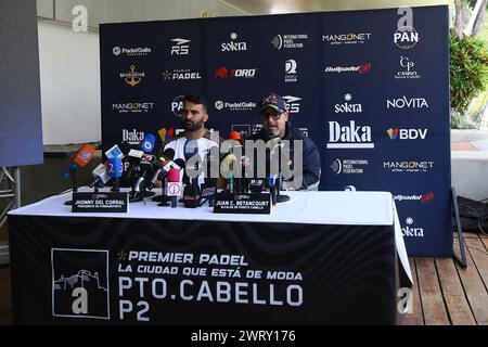 Valencia, Carabobo, Venezuela. 14th Mar, 2024. March 14, 2024. Jhonny Delcorral (L) president of fundadeporte, and Juan Bethancourt (R) mayor of Puerto Cabello, in a press conference announce details of the Premier Padel P2, which will take place from March 25 to 31 in Puerto Cabello, Venezuela, is part of the Premier Padel 2024 calendar. This circuit, promoted by the International Padel Federation (FIP), includes 25 tournaments in 19 countries, including Argentina, Chile, Paraguay, Venezuela and Mexico. Photo: Juan Carlos HernÃndez.Translated with DeepL.com (free version) (Credit Image: © Ju Stock Photo