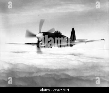 April 1, 1946: London, United Kingdom: A Supermarine Spiteful fighter plane in flight. The Supermarine Spiteful was a British Rolls-Royce GriffonCengined fighter aircraft designed by Supermarine to Air Ministry specification F.1/43 during the Second World War as a successor to the Spitfire. It had a new wing design to improve its critical Mach number, and allow safe operations at higher speeds. (Credit Image: © Keystone Press Agency/ZUMA Press Wire). EDITORIAL USAGE ONLY! Not for Commercial USAGE! Stock Photo