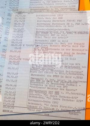 Detail of the Cadre file card for Erich Mielke showing his awards of medals, orders etc during the 1960's, Stasi Museum, Berlin, Germany. Stock Photo