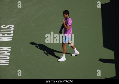 March 14, 2024 Carlos Alcaraz of Spain is swarmed by bees during his match against Alexander Zverev of Germany during the BNP Paribas Open in Indian Wells, CA. Charles Baus/CSM Stock Photo