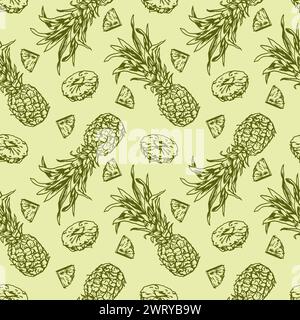 Pineapple graphics, seamless pattern. Whole fruit and slices. Vector illustration. Wrapping paper, wallpaper, textile, fabric, cards, covers. Stock Vector