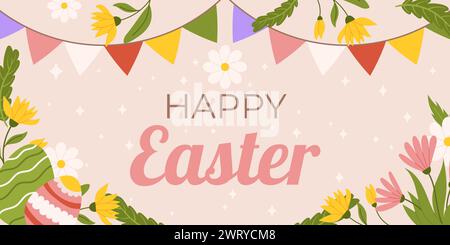 Easter horizontal background template. Design for celebration spring holiday with flowers, painted eggs, bunting garland with colorful flags. Stock Vector