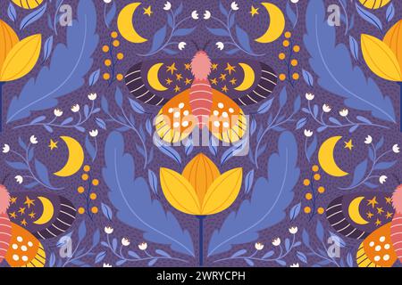 Seamless motif displaying a whimsical moth, flowers, and leaves in purple and yellow colors. Scandi style delicate folk repeated design suitable for p Stock Vector