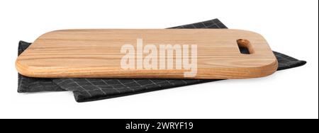 Wooden cutting board and checkered towel on white background Stock Photo