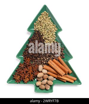 Different spices and nuts isolated on white, top view Stock Photo
