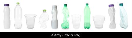 Different plastic bottles and cups isolated on white, set Stock Photo
