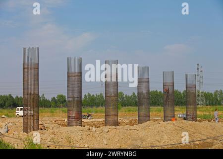 Bridge construction under performing the steel reinforcement of piling work Stock Photo