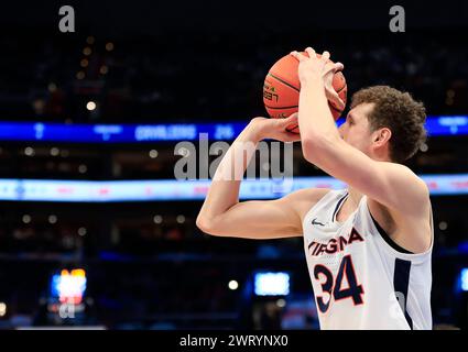 March 14, 2024: Virginia Cavaliers Forward (34) Jake Groves lines up a three point basket during an ACC Men's Basketball Tournament game between the Virginia Cavaliers and the Boston College Eagles at Capital One Arena in Washington, DC Justin Cooper/CSM Stock Photo