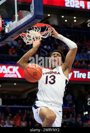 March 14, 2024: Virginia Cavaliers Guard (13) Ryan Dunn dunks the ball during an ACC Men's Basketball Tournament game between the Virginia Cavaliers and the Boston College Eagles at Capital One Arena in Washington, DC Justin Cooper/CSM Stock Photo