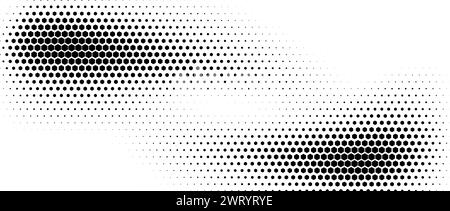 Hexagon halftone gradient texture. Abstract black grunge background. Geometric retro halftone tech wallpaper. Fading wavy hexagonal pattern backdrop. Vector vanishing honeycomb grunge bitmap overlay Stock Vector