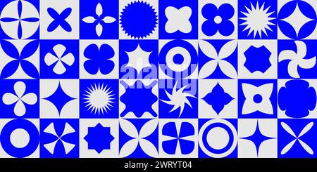Seamless abstract geometric shape pattern. Bold Swiss mosaic block forms in repeating background. Blue and grey graphic design primitive elements for poster, cover, presentation, print, banner. Vector Stock Vector