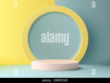 3D realistic pink color podium platform with circle frame backdrop minimal wall scene on yellow and blue background. Beauty, cosmetic presentation sho Stock Vector