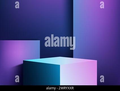 3D background featuring abstract geometric shapes in a neon cool purple and blue color scheme. Ideal for technology presentations, and sci-fi concepts Stock Vector