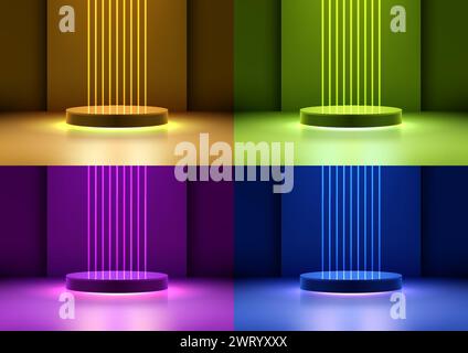 3D realistic empty podium stand with neon colors laser lines backdrop on vibrant background modern technology style. Use for tech presentation, showca Stock Vector