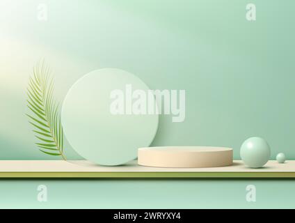A minimalist 3D scene with beige podium, green circle, spheres, and a large green leaf on green background. Vector illustration Stock Vector