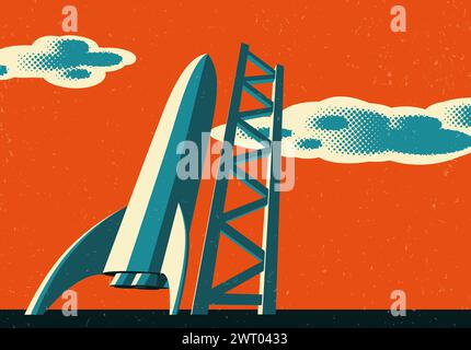 Rocket ready to take off on launch site. Retro styled sci-fi spaceship science concept Stock Vector