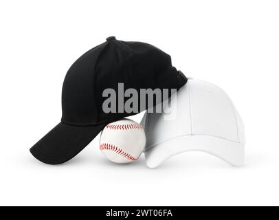 Black and White Baseball Caps Positioned Side by Side on a Clean White Background Stock Photo