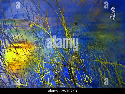 Abstract painting featuring tree branches on a blue backdrop with yellow light Stock Photo