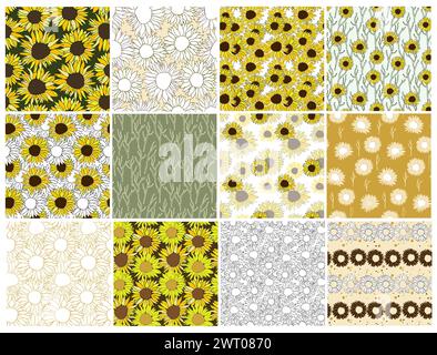 Sunflower head flower seamless pattern set for textile or surface. Hand drawn floral vector elements Vector background. Stock Vector