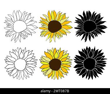 Sunflower head hand drawn elements set for design. Silhouette, line art black ink and colorful flower. Vector clip art for logo, coloring page, isolat Stock Vector