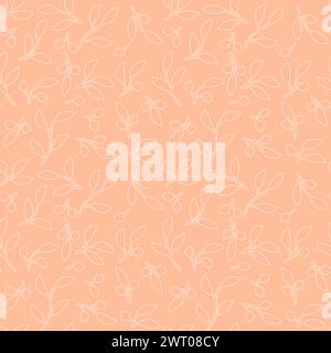 Delicate floral vine leaves seamless pattern with hand drawn plants elements for textile or wallpaper, scrapbook paper. Peach fuzz color 2024 vector b Stock Vector