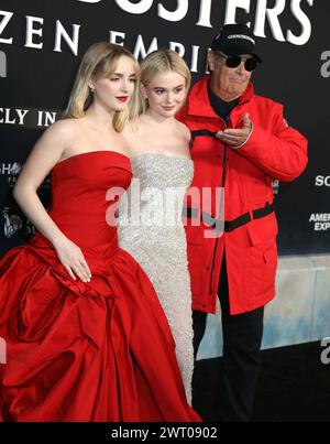 March 14, 2024, New York, New York, USA: Actors McKENNA GRACE, EMILY ALYN LIND and DAN AYKROYD seen at the red carpet arrivals for the New York premiere of â€˜Ghostbusters: Frozen Empireâ€™ held at Lowes AMC Lincoln Square Theaters. (Credit Image: © Nancy Kaszerman/ZUMA Press Wire) EDITORIAL USAGE ONLY! Not for Commercial USAGE! Stock Photo