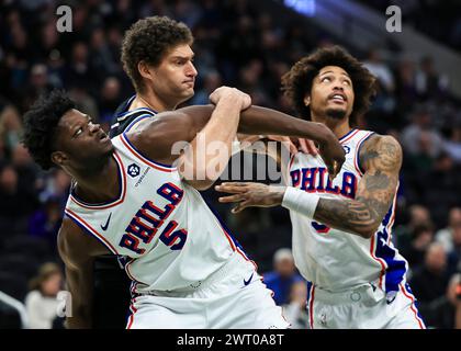 Milwaukee, USA. 14th Mar, 2024. Philadelphia 76ers center Mo Bamba (L) and guard Kelly Oubre Jr. (R) battle for a rebound with Milwaukee Bucks center Brook Lopez during the NBA regular season game between Philadelphia 76ers and Milwaukee Bucks in Milwaukee, the United States, March 14, 2024. Credit: Joel Lerner/Xinhua/Alamy Live News Stock Photo