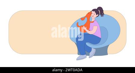 Happy woman with dog isolated on white background. People playing, hugging, cuddling with four-legged animal friends. Sample for banner for pet owner services and shop. Flat vector illustration... Stock Vector