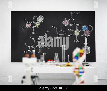 Science, laboratory and equipment with blackboard, molecules and atoms with education. Medical, chalk and drawing with research and data with Stock Photo